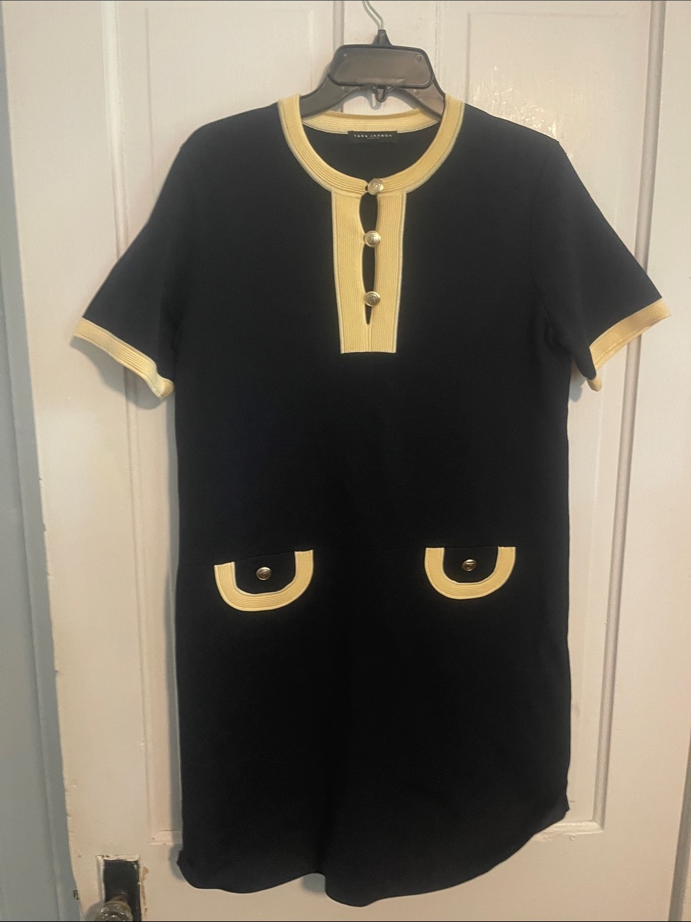 Tara Jarmon Black Top with Cream Trim and Button Detail